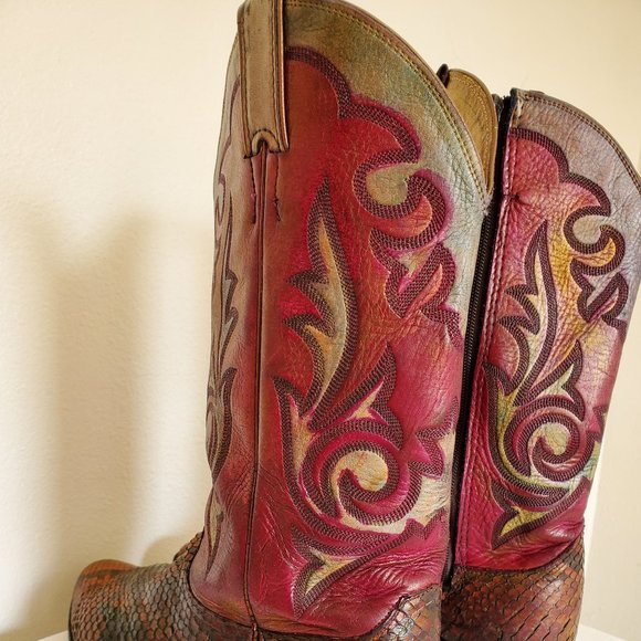 Justin 12 hand painted red black purple western cowboy boots snake skin rodeo main image 4
